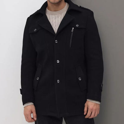 Men’s Mid-Length Coat – Tailored Fit – Wool Blend – Notched Lapel – Button Front