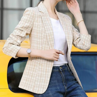Women’s Blazer – Tailored Fit – Textured Woven – Checkered Pattern – Single Button