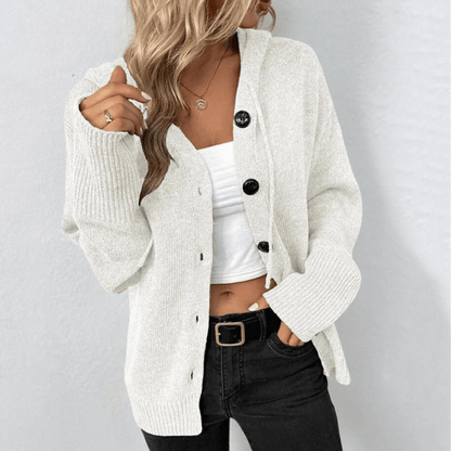 Women’s Knitted Cardigan – Soft Knit – Oversized Fit – Hooded – Button Front Layer