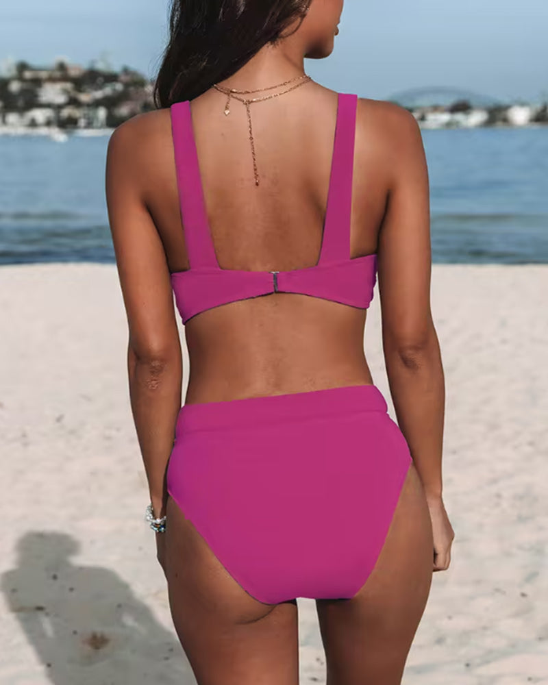 Women’s Bikini Set – Supportive V-Neck Top – High Waist Full Coverage Bottom – Breathable Stretch