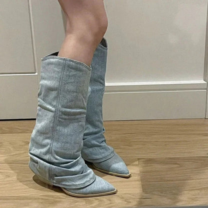 Women's Knee-High Denim Cowboy Boots