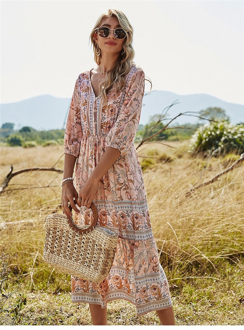 Women’s Midi Dress – Relaxed Fit – V-Neckline – Floral Print – Breathable Blend