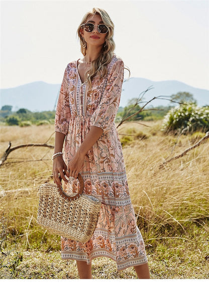 Women’s Midi Dress – Relaxed Fit – V-Neckline – Floral Print – Breathable Blend