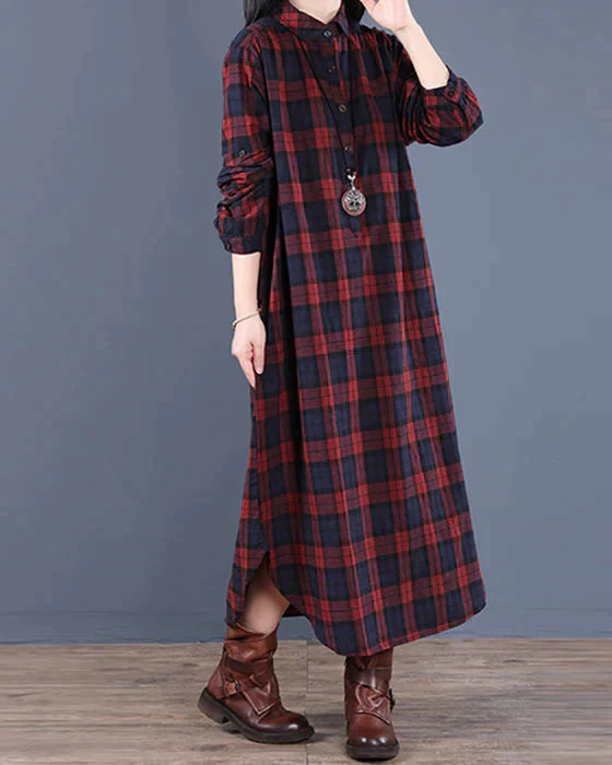 Women's Shirt Dress - Long Sleeve Plaid - Button Down Casual Elegant Fit