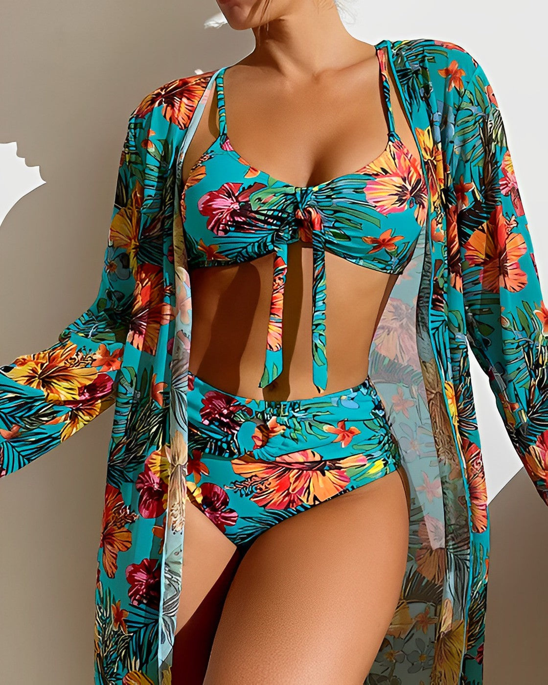 Women’s Swim Set – 3-Piece High-Waist Bikini – Adjustable Top – Sheer Cover-Up