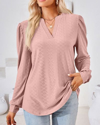 Women's Blouse - V-Neck - Loose Fit - Long Sleeves with Puff Shoulders - Elegant Style