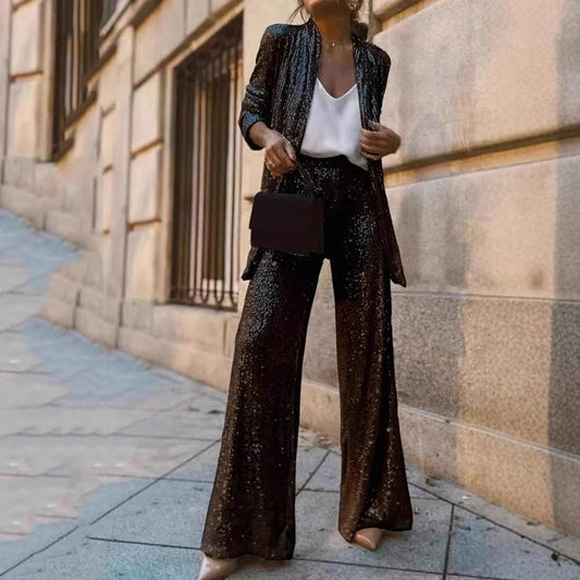 Women’s Two-Piece Set – Sequin Jacket – High-Waisted Wide-Leg Trousers – Evening Wear