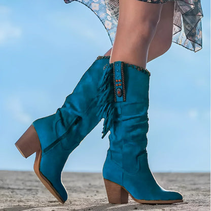 Women’s Mid-Calf Boots – Suede – Fringe Detail – Block Heel – Western Boho Style