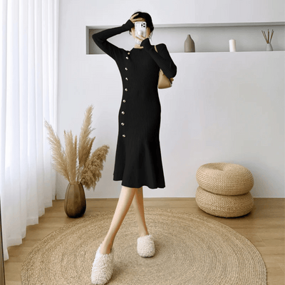 Women's Knit Midi Dress - Ribbed Texture - Long Sleeve - Button Detail - Mermaid Hem