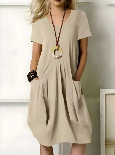 Women's Casual Dress - Loose A-Line Fit - V-Neck Short Sleeve - With Pockets