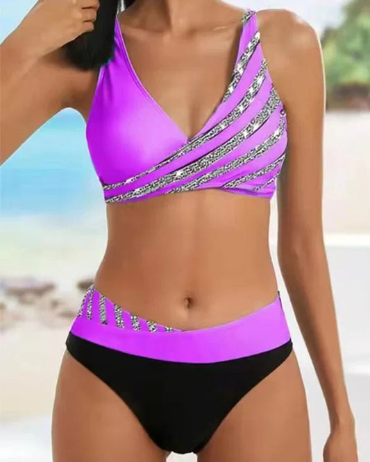 Women’s Bikini Set – Wrap Top – High Waist – Breathable Stretch – Striped Design