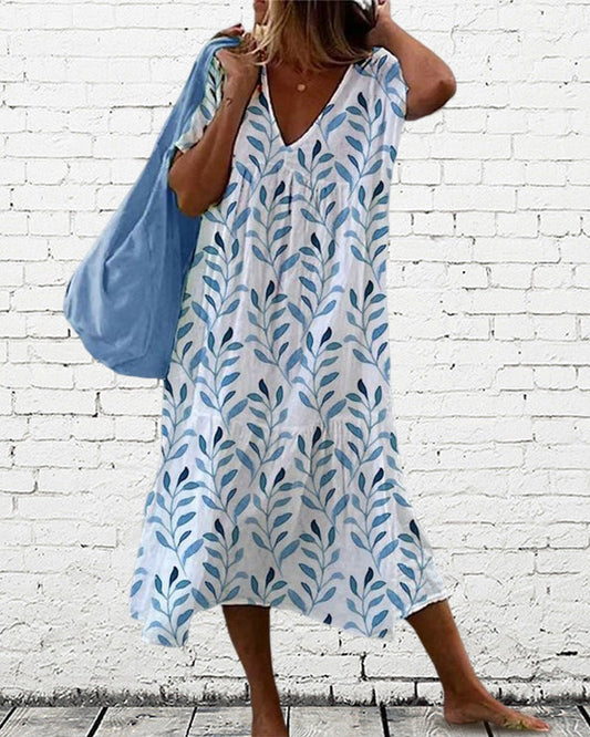 Women’s Midi Dress – V-Neck – Short Sleeve – Relaxed Fit – Leaf Print – Breathable Fabric