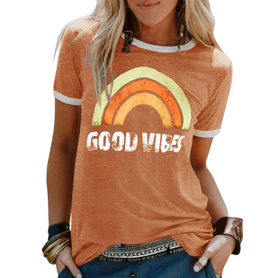 Women’s T-shirt – Relaxed Fit – Soft Knit – Ribbed Trim – Graphic Front Casual Wear