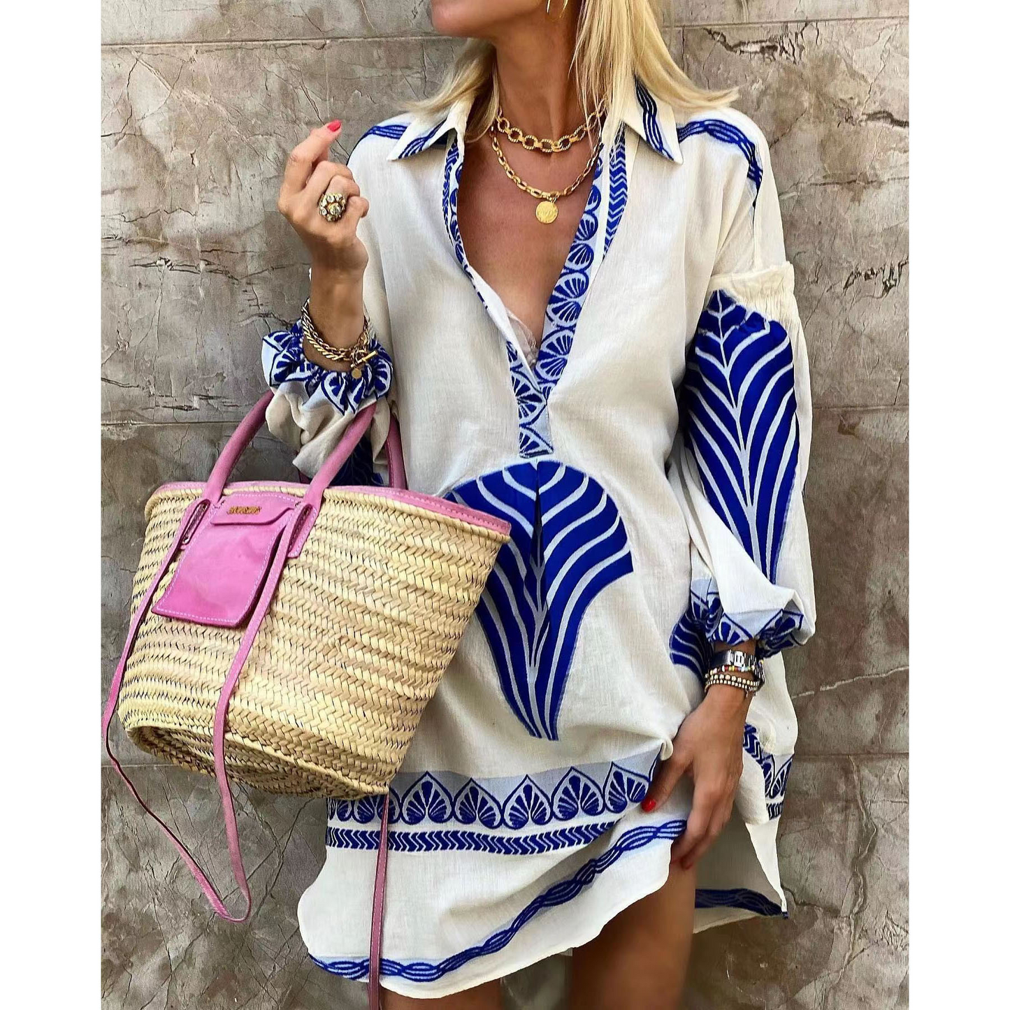 Women’s Mini Dress – Relaxed Fit – V-Neck – Voluminous Sleeve – Natural Fibers