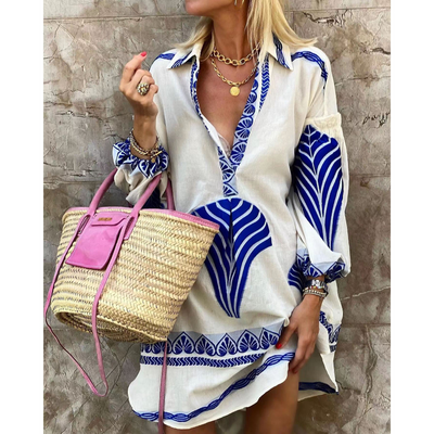 Women’s Mini Dress – Relaxed Fit – V-Neck – Voluminous Sleeve – Natural Fibers