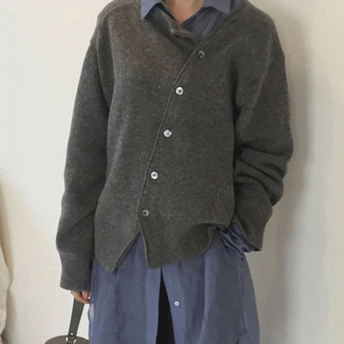 Women’s Sweater – Oversized Fit – Wool Blend Knit – Asymmetric Button Front – Ribbed Trim