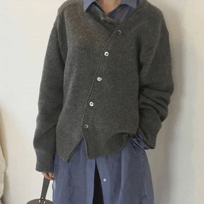 Women’s Sweater – Oversized Fit – Wool Blend Knit – Asymmetric Button Front – Ribbed Trim
