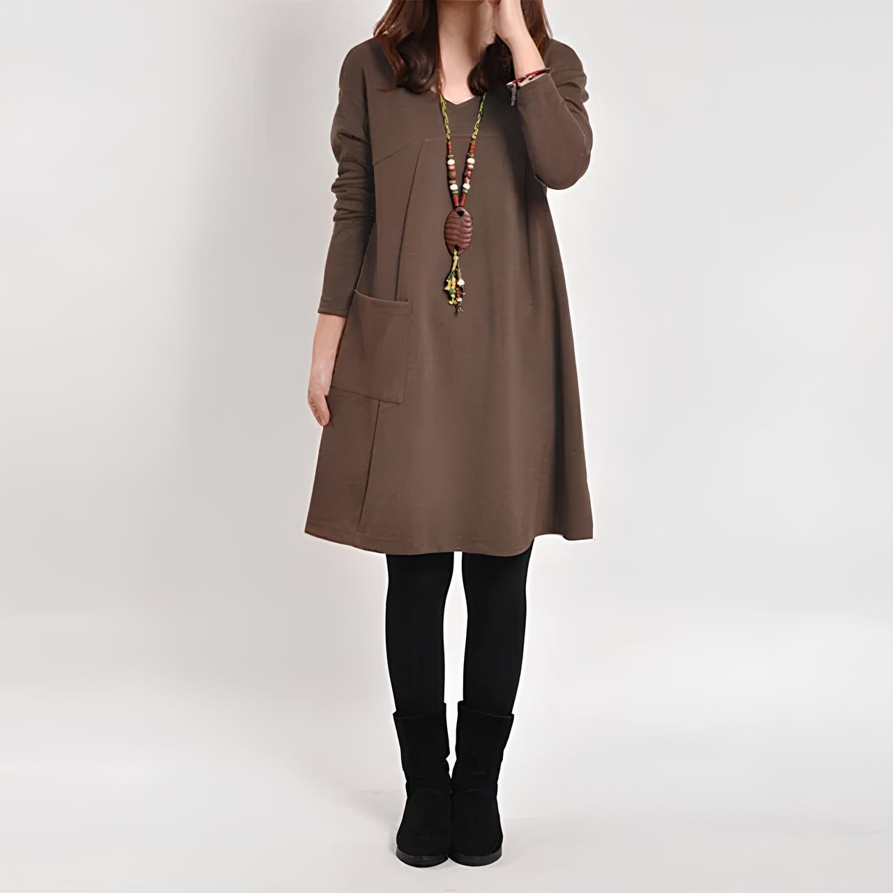 Women's A-Line Dress - Long Sleeve Loose Fit - Round Neck with Front Pockets