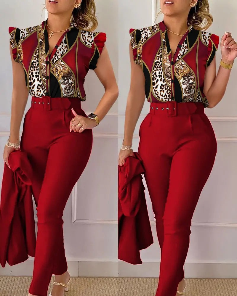 Women's Two-Piece Set – Sleeveless – V-Neck – Button Front – Petal Sleeve – Relaxed Fit