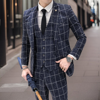 Men’s 3-Piece Suit – Slim Fit – Grid Pattern – Wool Blend – Formal Tailored Wear