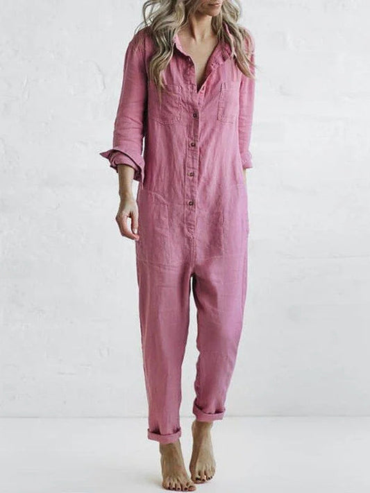 Women's Jumpsuit - Button Down - Long Sleeve Roll Tab - Relaxed Fit - Straight Leg