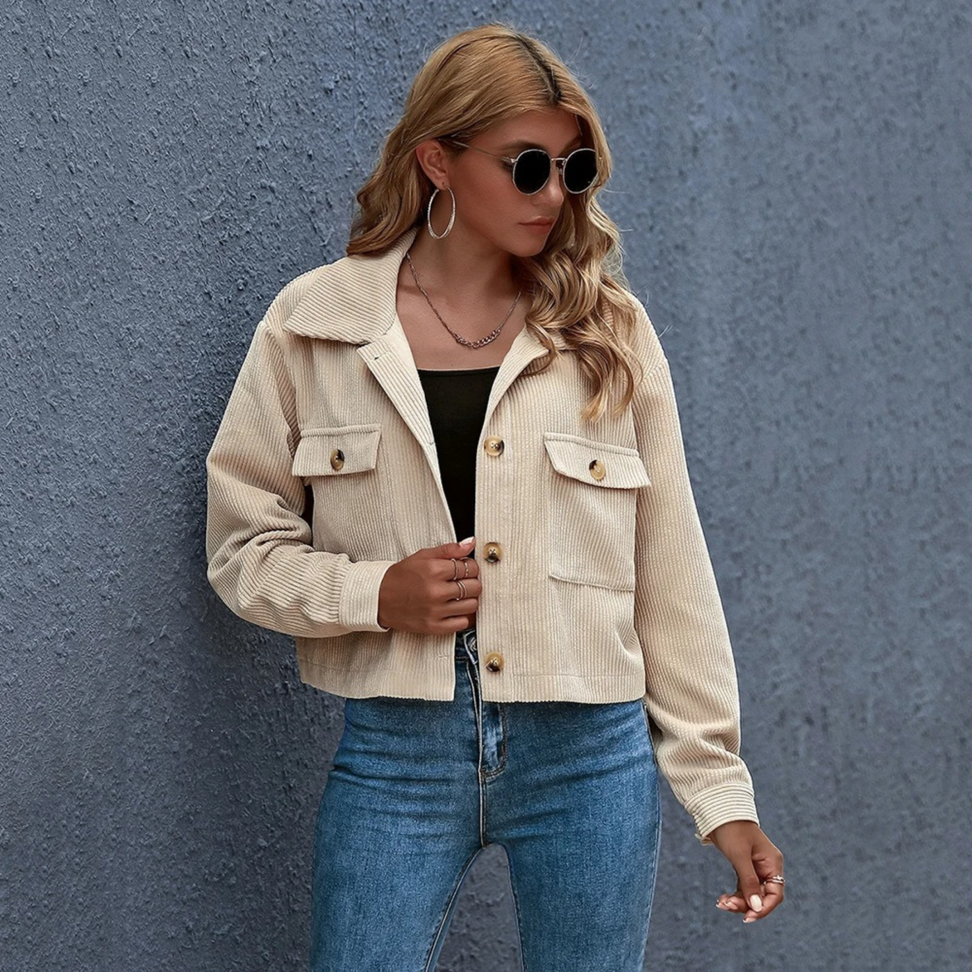 Women's Corduroy Jacket - Cropped Relaxed Fit - Button-Up Shirt Collar - Long Sleeve