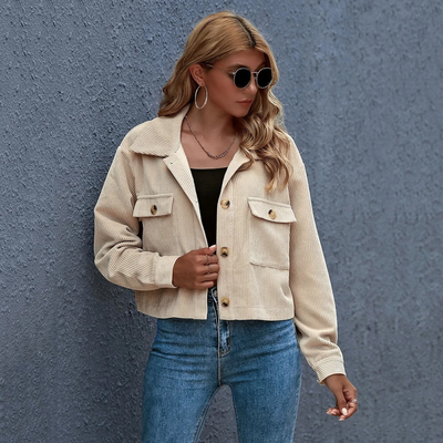 Women's Corduroy Jacket - Cropped Relaxed Fit - Button-Up Shirt Collar - Long Sleeve