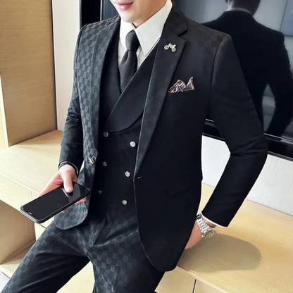 Men's Business Three-Piece Suit with Check Pattern