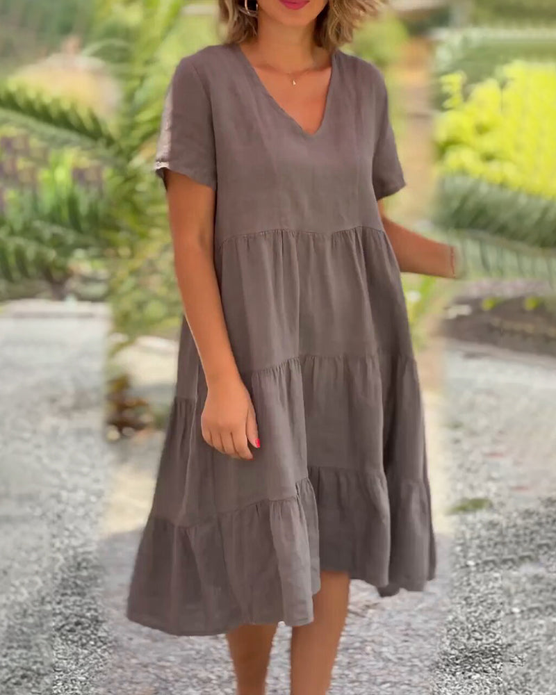 Women's Midi Dress - V-Neck - Short Sleeve - Loose Fit Tiered Design