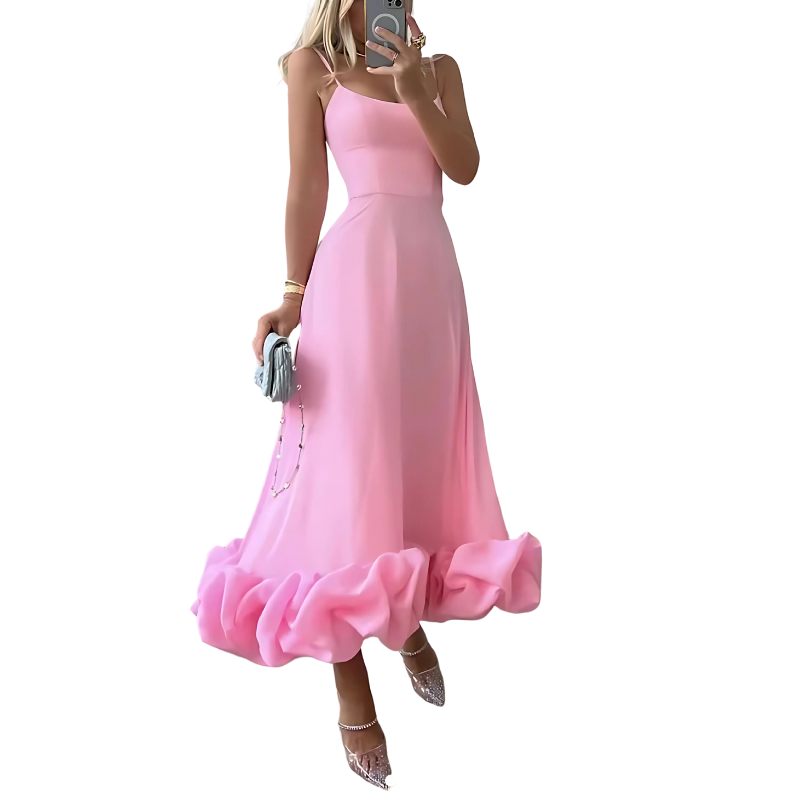 Women's Evening Dress - Spaghetti Straps - A-Line Silhouette - Ruffled Hem - Elegant Fit