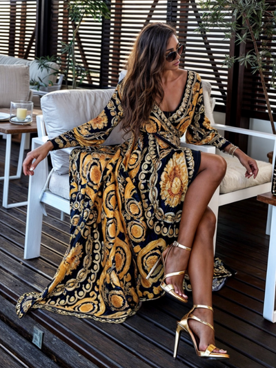 Women’s Maxi Dress – Wrap Style – Bohemian Print – V-Neck – Long Sleeve – Side Slit