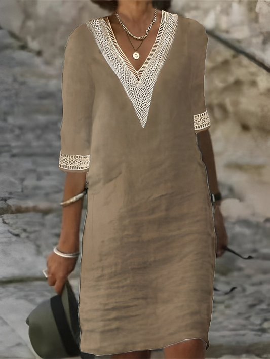 Women's V-Neck Dress - Lightweight - Lace Detailing - Three-Quarter Sleeve Relaxed Fit