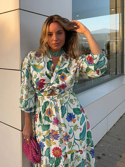 Women's Maxi Dress - Bohemian Style - V-Neck Wrap - Long Sleeve Tiered Skirt