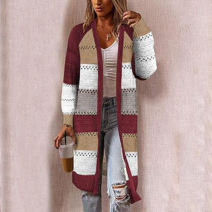 Women’s Knitted Cardigan – Relaxed Fit – Long Open Front – Textured Stripe Detail