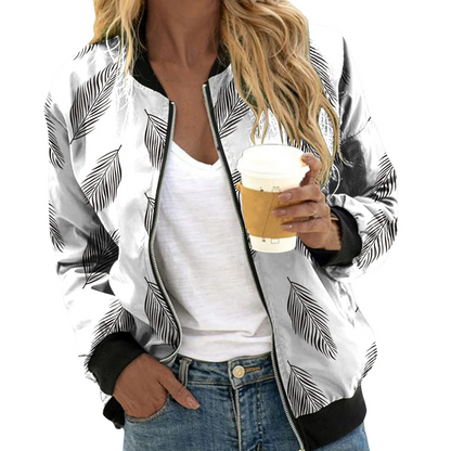 Women’s Bomber Jacket – Relaxed Fit – Botanical Print – Breathable Blend – Zip Front