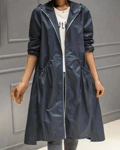 Women’s Hooded Jacket – Waterproof Lightweight – Relaxed Fit – Knee Length – Zip Closure