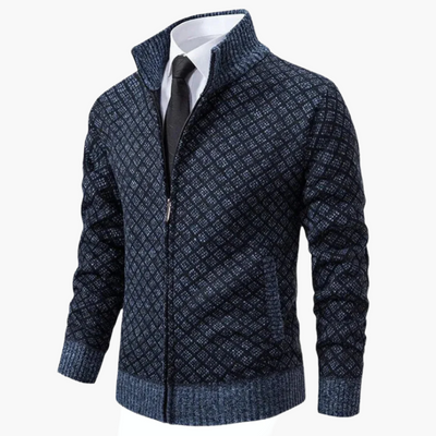 Men’s Knit Jacket – Slim Fit – Diamond Pattern – Zip Front – Ribbed Cuffs – Stand Collar