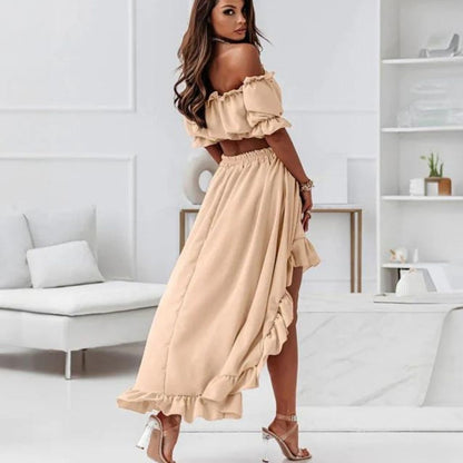 Women's Off-Shoulder Two-Piece Set - Crop Top & High-Low Ruffle Maxi Skirt - Elegant Fit