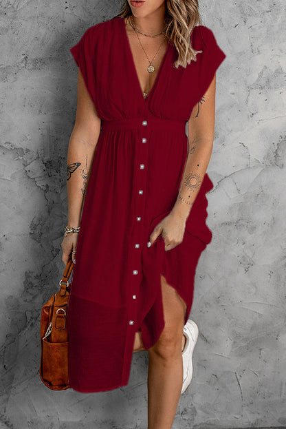 Women's Solid Deep V-Neck Dress with Sleeves