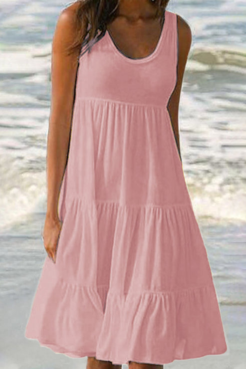 Stylish Sweet Solid Patchwork Tiered Cake Skirt Dresses with Round Neck