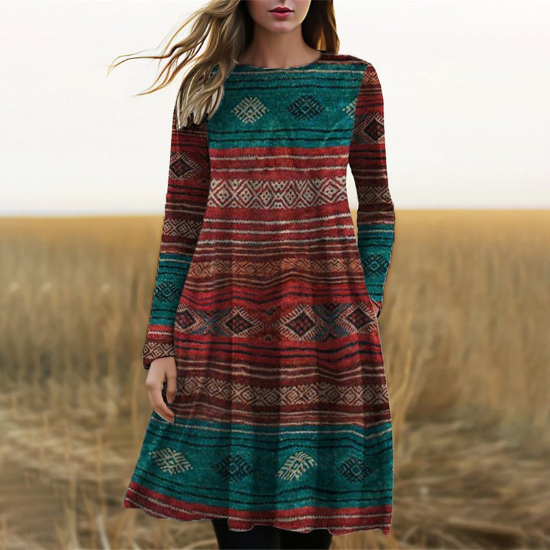 Women's A-Line Dress - Bohemian Geometric Print - Long Sleeve Casual Wear
