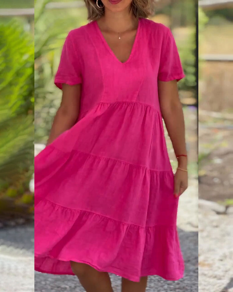 Women's Midi Dress - V-Neck - Short Sleeve - Loose Fit Tiered Design