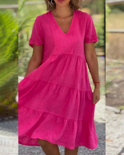 Women's Midi Dress - V-Neck - Short Sleeve - Loose Fit Tiered Design