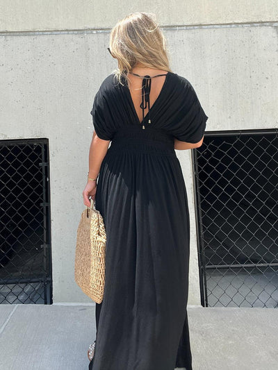 Women’s Maxi Dress – Smocked Waist – Relaxed Fit – V-Neck – Short Sleeve – Flowy Cotton