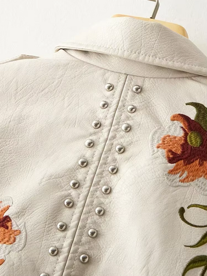 Women’s Leather Jacket – Tailored Biker Fit – Embroidered Floral – Studded Zip Detail
