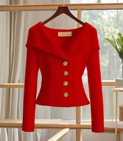 Women’s Cardigan – Fitted Silhouette – Soft Knit – Ribbed Texture – Wide Collar