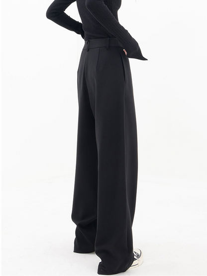 Women’s Wide-Leg Trousers - High Waist - Asymmetric Draped Overlay - Button Detail