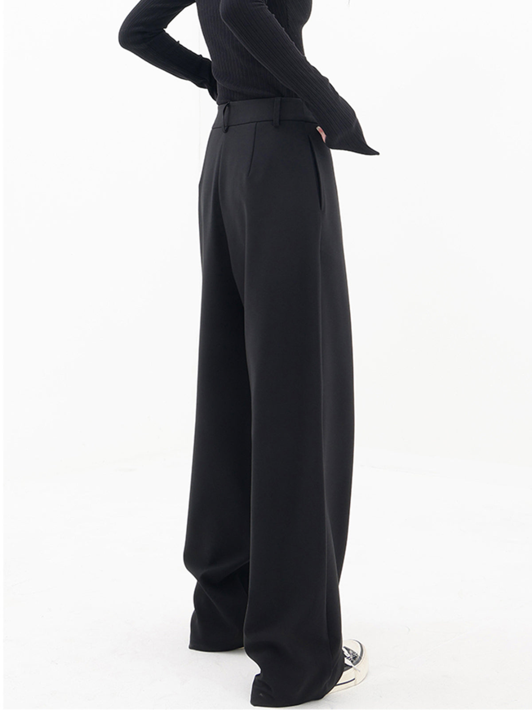 Women’s Wide-Leg Trousers - High Waist - Asymmetric Wrapover - Button Detail - Side Pockets