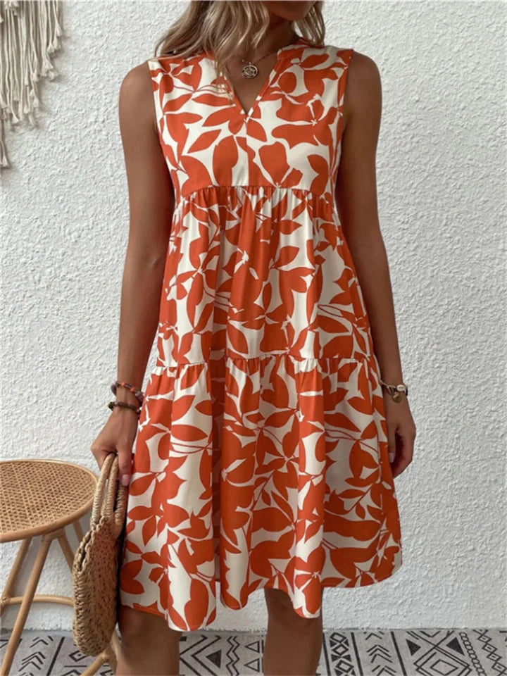Women’s Sleeveless Dress – V-Neck – A-Line Fit – Tiered – Breathable Blend – Knee Length
