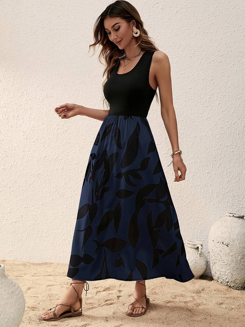 Women's Sleeveless Maxi Dress - Fitted Bodice - Scoop Neck - Flowy A-Line Skirt